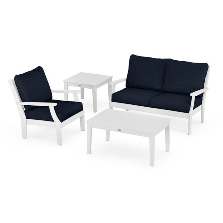 POLYWOOD Braxton 4-Piece Deep Seating Set in White / Marine Indigo - Mycitystee