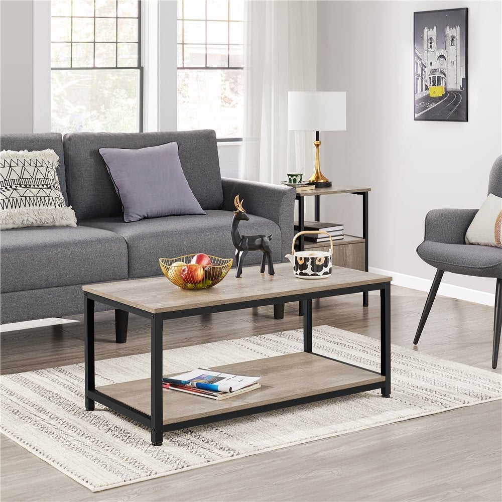 Industrial Coffee Table with Storage Shelf， Rustic Gray - Mycitystee