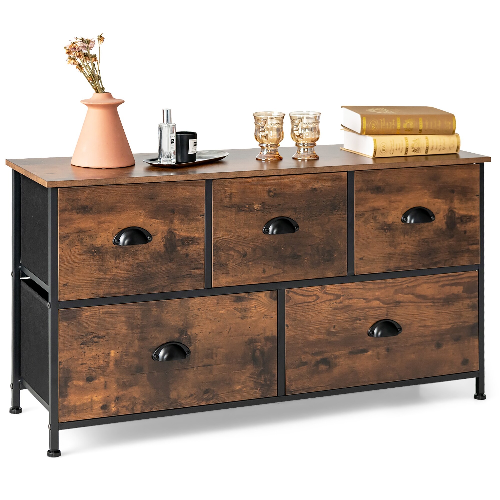 Costway 5-Drawer Dresser Fabric Storage Tower w/wooden Top Chest - - 36496672 - Mycitystee