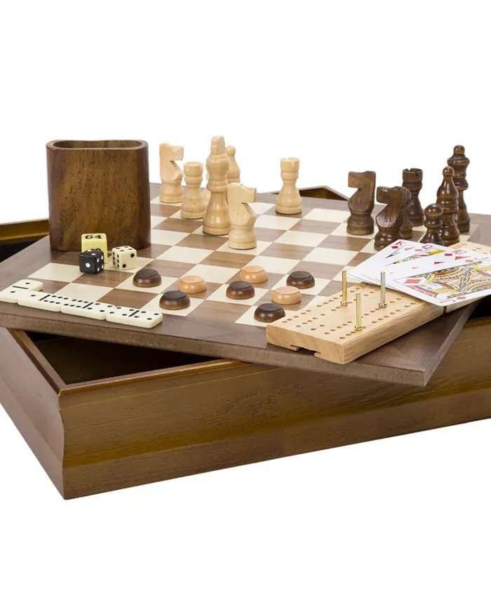 Trademark Global Hey Play 7-In-1 Classic Wooden Board Game Set - Old Fashioned Family Game Night Cards， Dice， Chess， Checkers， Backgammon， Dominoes An - Mycitystee