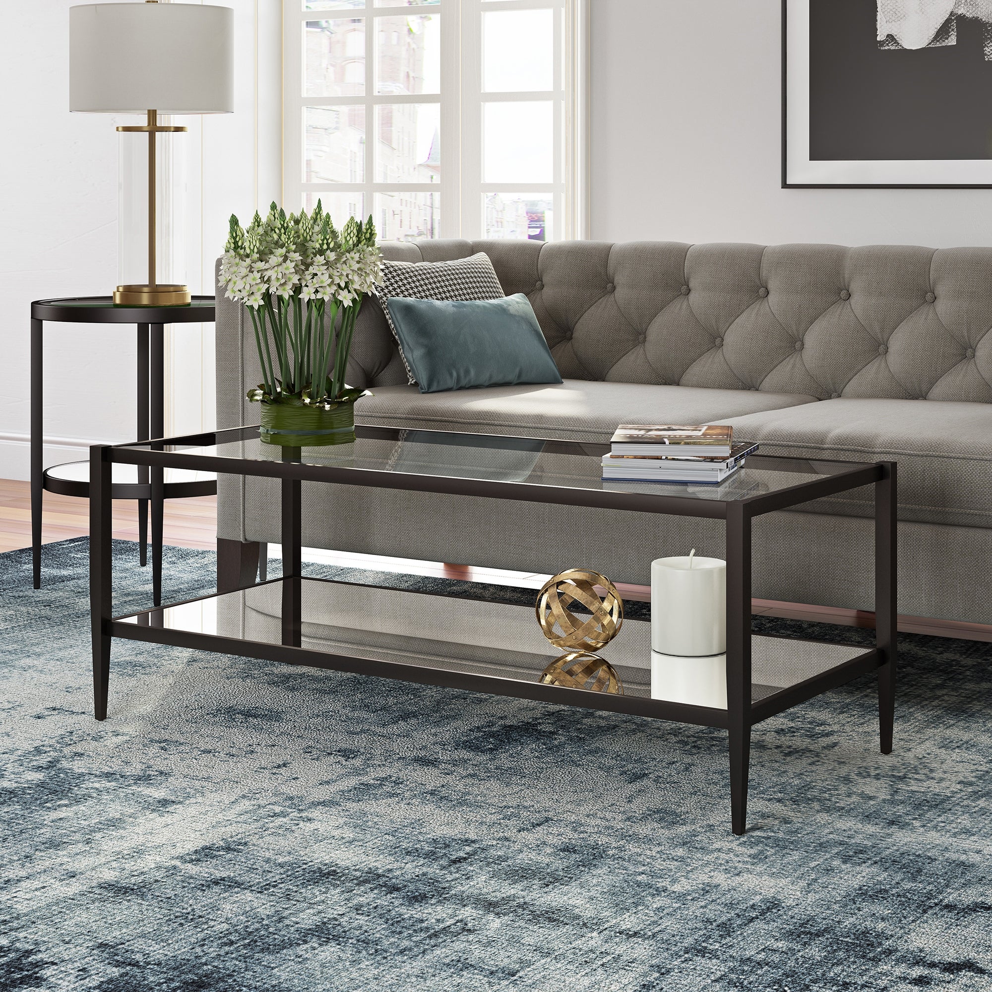 Hera 45'' Wide Rectangular Coffee Table with Mirror Shelf - Mycitystee