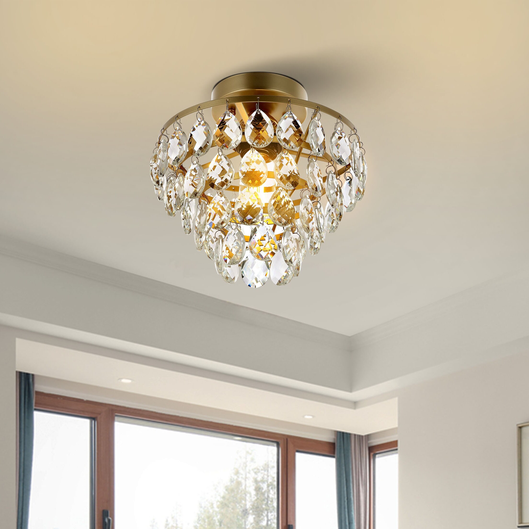 WINGBO Small Crystal Chandelier Semi Flush Mount Ceiling Light Fixture Gold - N/A - Mycitystee