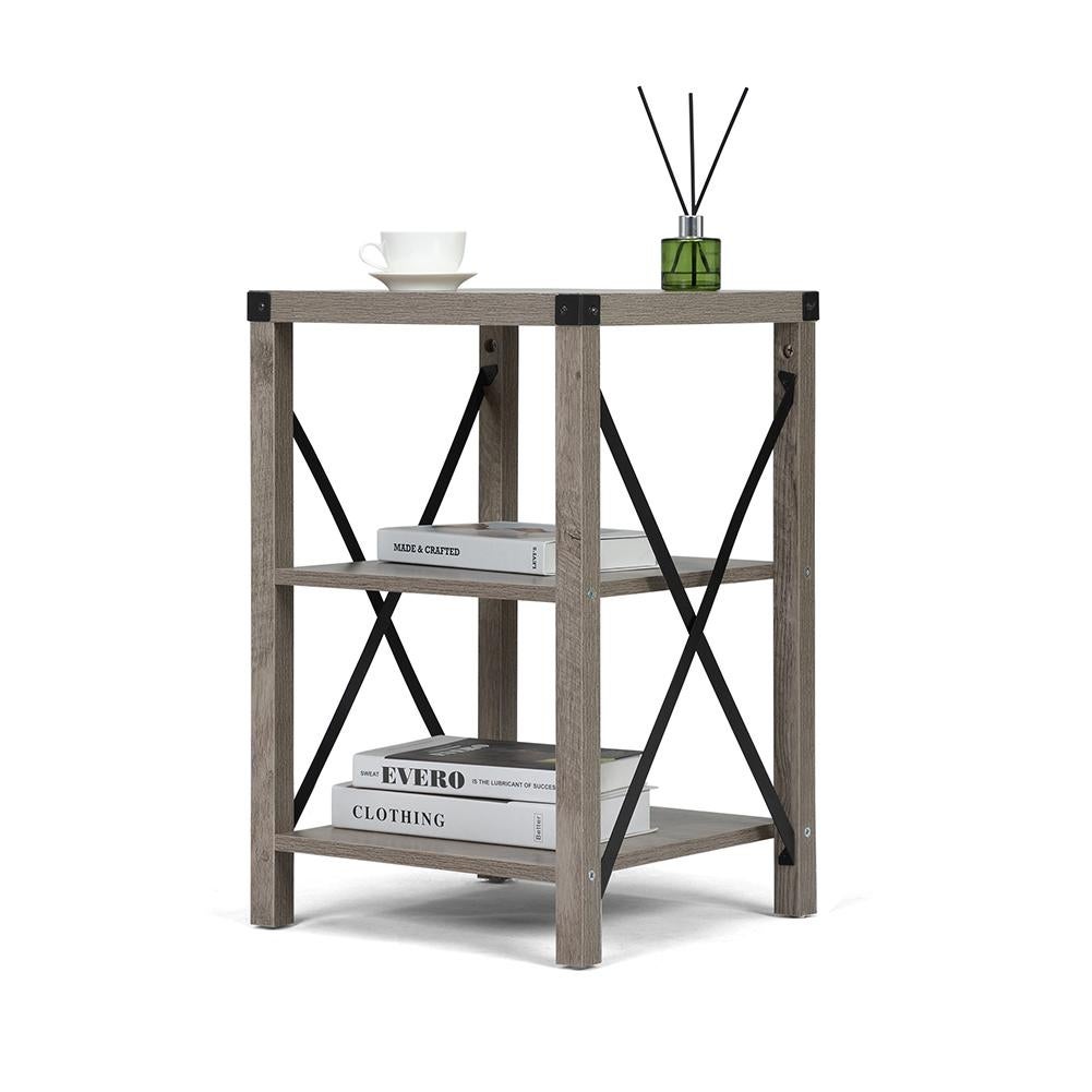 Wood End Table with 3-Tier Storage Shelves and X-Shaped Metal Support - Mycitystee