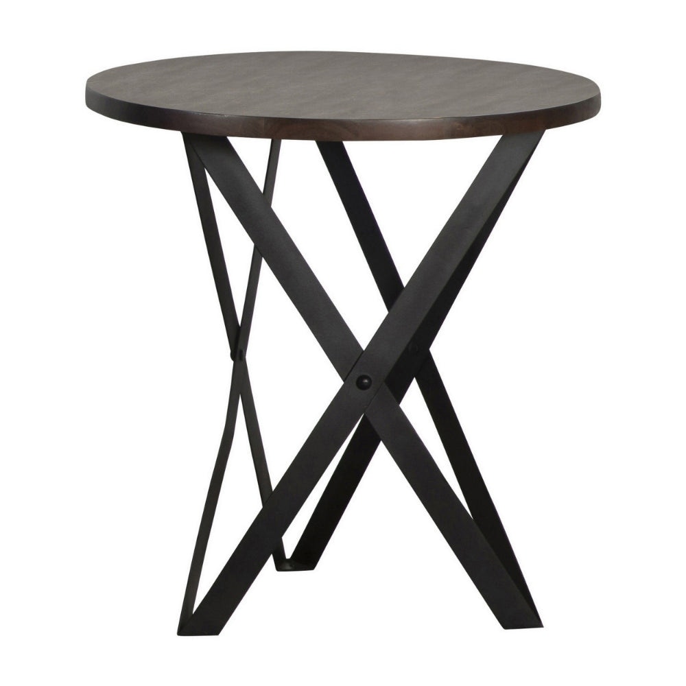 24 Inch Side End Table， Round Acacia Wood Top， Crossed Metal Legs， Grey - 23L x 23W x 24H， in inches - Mycitystee