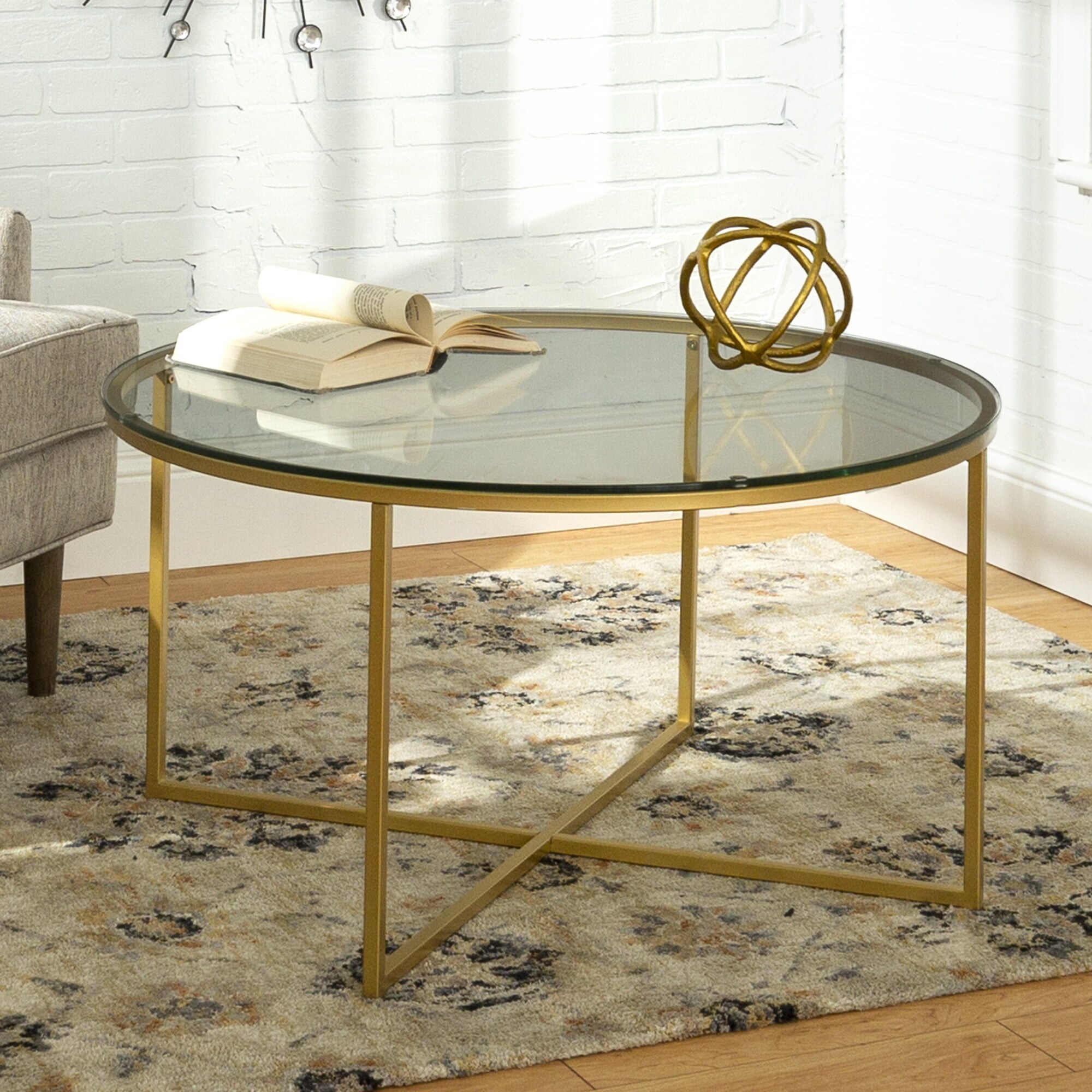 Modern Round Coffee Table， Glass/Gold - Mycitystee