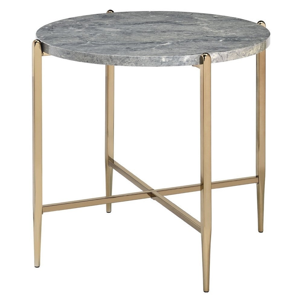End Table with Oval Marble Top and X Shaped Support - Gray and Gold - 26 L x 26 W x 23.62 H Inches - Mycitystee