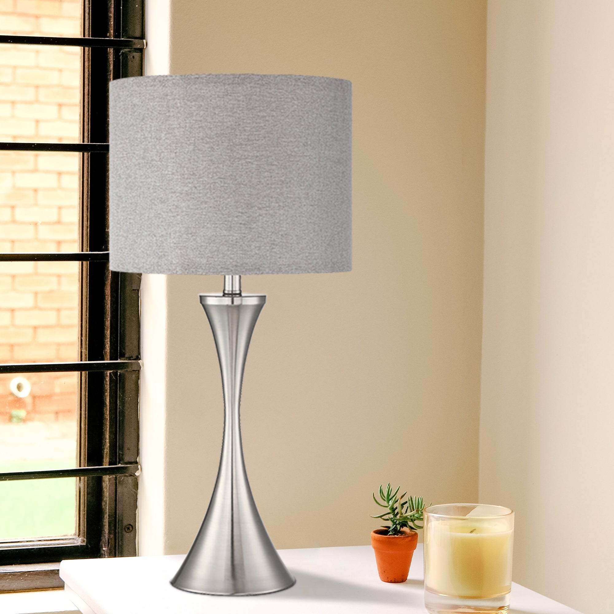 2-Pk 1-light Table Lamp with Brushed Nickel Finish and Grey Fabric Shade - Mycitystee