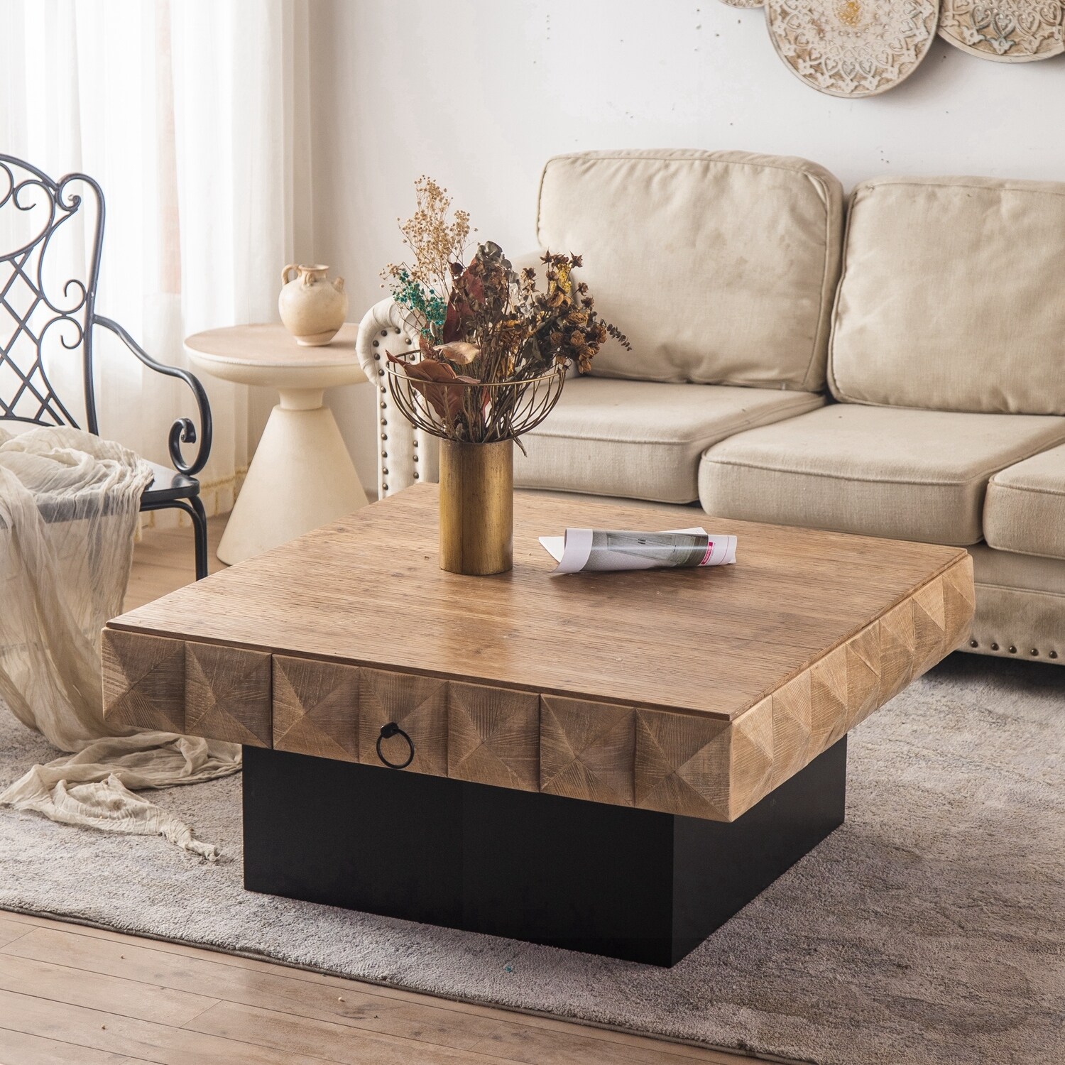 Square Retro Coffee Table with 2 Drawers and MDF Base - Mycitystee