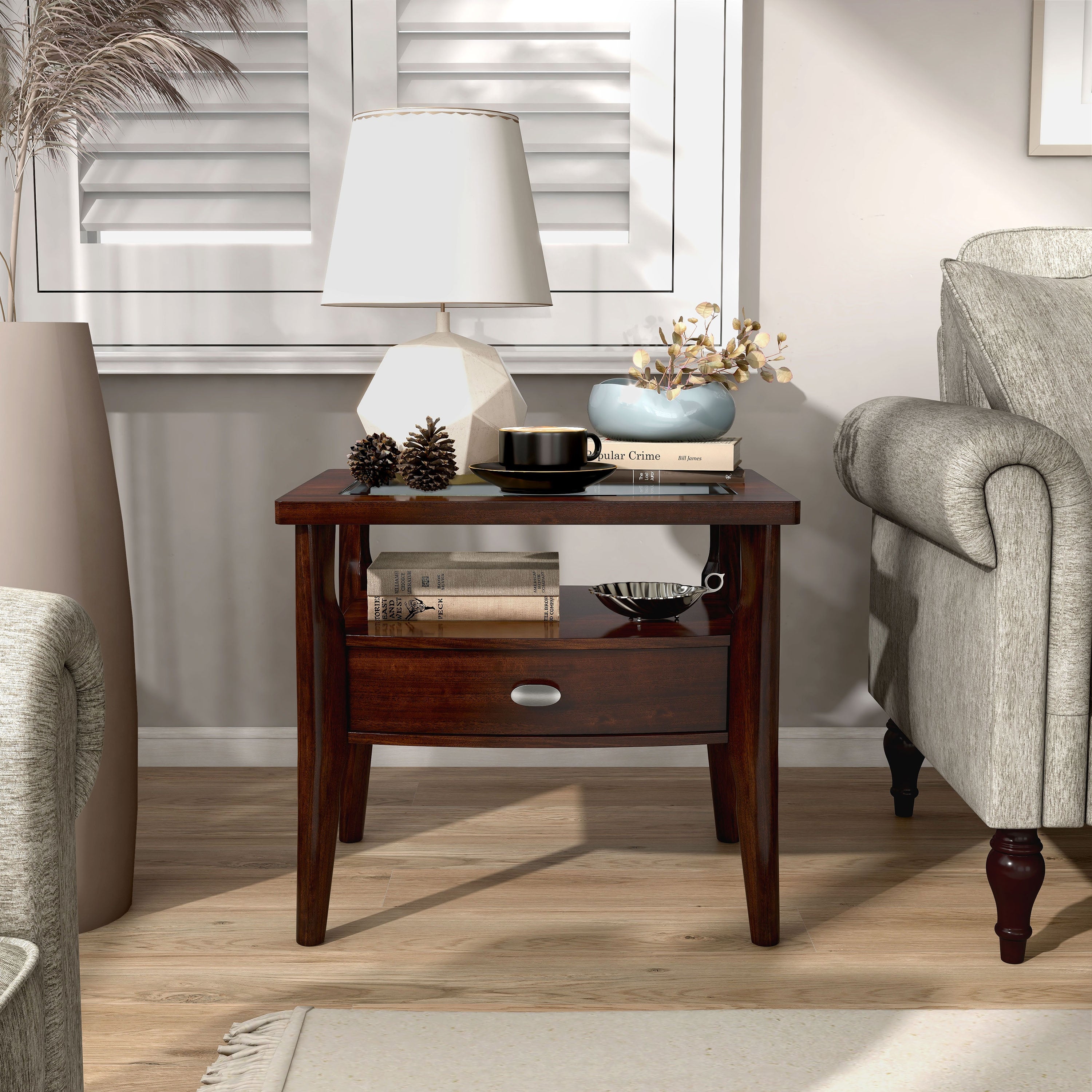 Genoas Traditional Walnut and Glasstop End Table by Furniture of America - Mycitystee