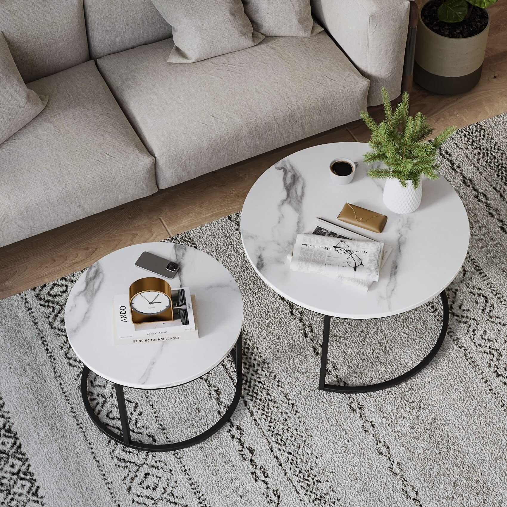 Round Nesting Coffee Table， White Modern Accent Wood Coffee Tables Set of 2， Faux Marble Coffee Table - as picture - Mycitystee