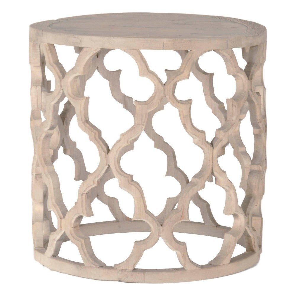 Round End Table In Wood With Quatrefoil Design， Brown - Mycitystee