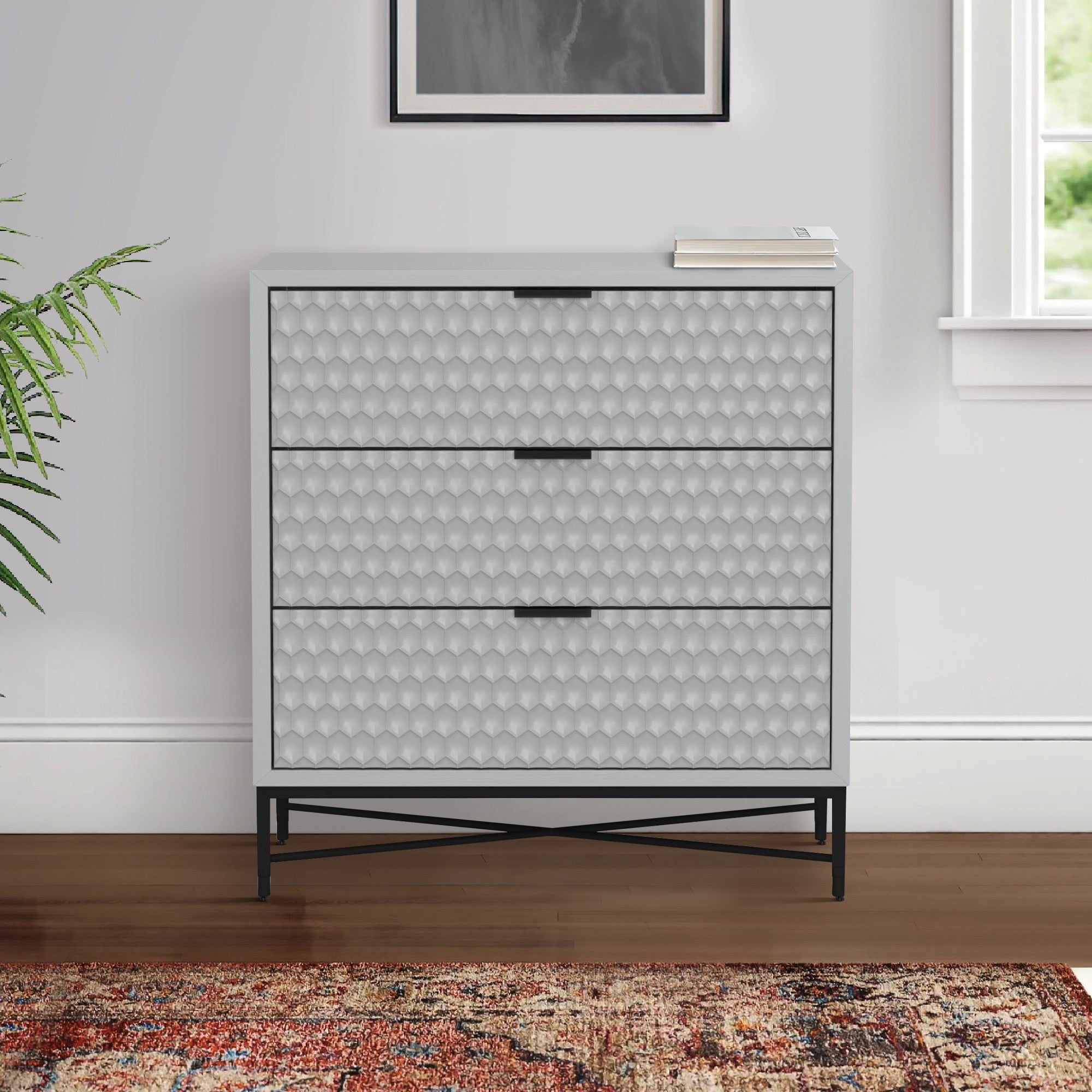 Rexi 34 Inch 3 Drawer Small Dresser Chest， Honeycomb， Light Gray， Black - - 36907770 - Mycitystee
