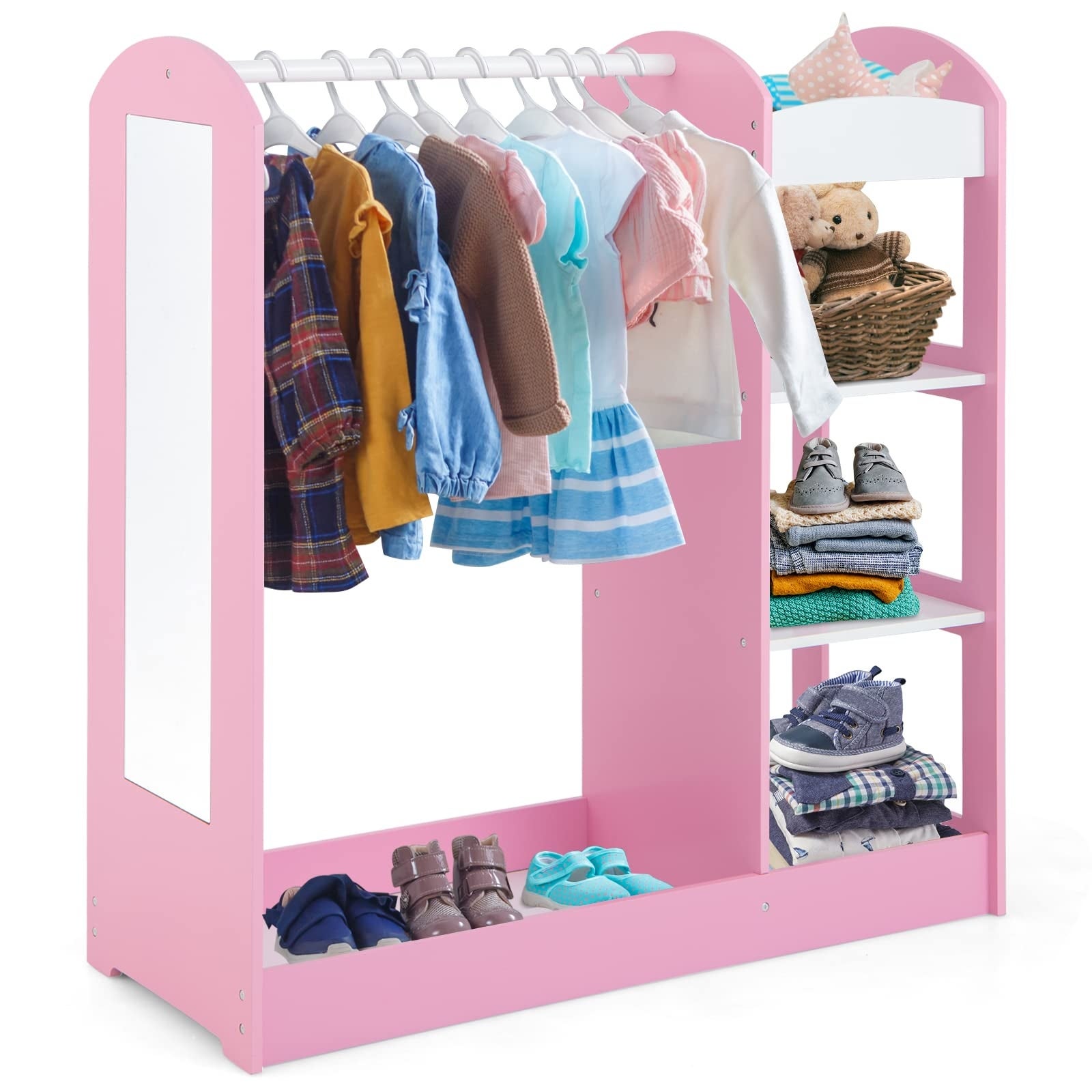 Kids Dress up Storage with Mirror， Clothes Rack， 3-Tier Shelves， Bottom Tray， Pretend Play Costume Dresser - as picture - - 37668947 - Mycitystee
