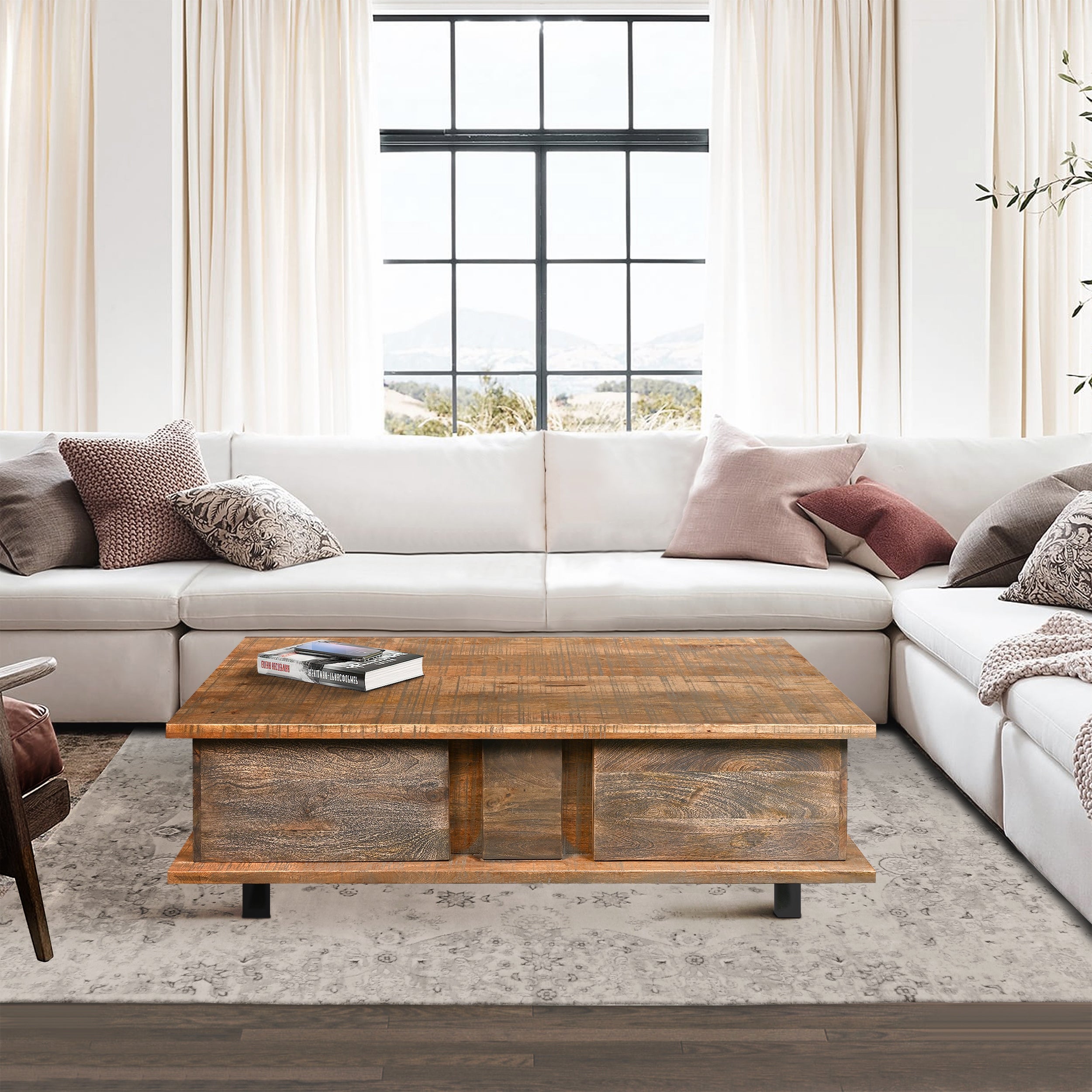 48 Inch Handcrafted Rectangular Coffee Table with 2 Drawers， Black Iron Sled Base， Rustic Natural Brown - Mycitystee