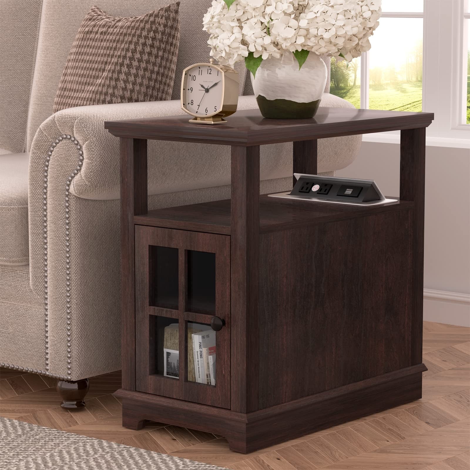 Side Table with Charging Station， Storage End Table， Bedside Table with USB Ports and Outlets， - Mycitystee