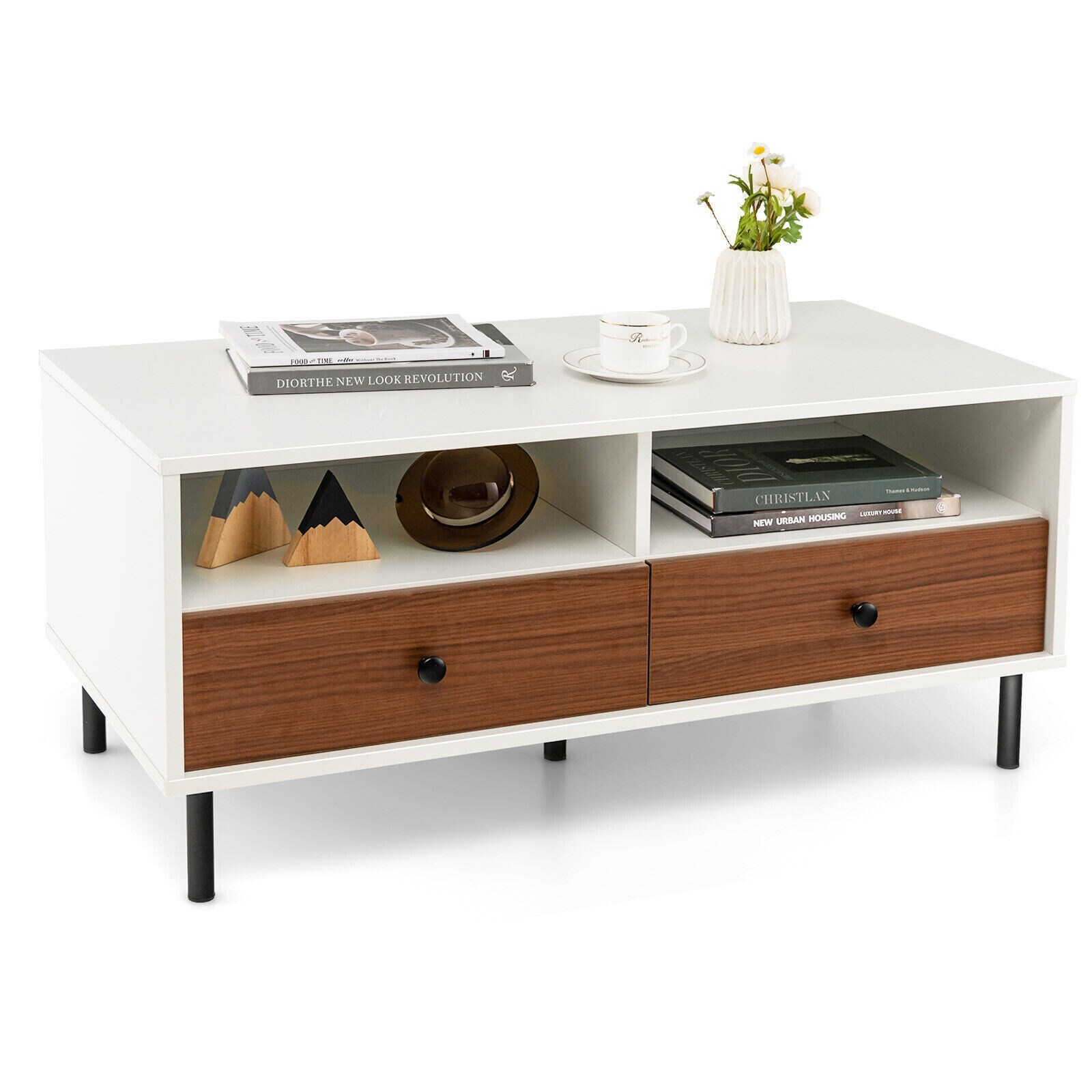 Gymax Coffee Table Modern Rectangle w/ Storage Shelf and Drawers Living - Mycitystee