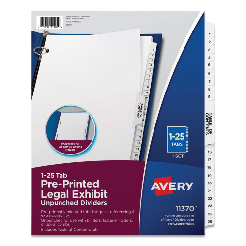 Preprinted Legal Exhibit Side Tab Index Dividers， Avery Style， 25-Tab， 1 to 25， 11 x 8.5， White， 1 Set (11370) - Mycitystee