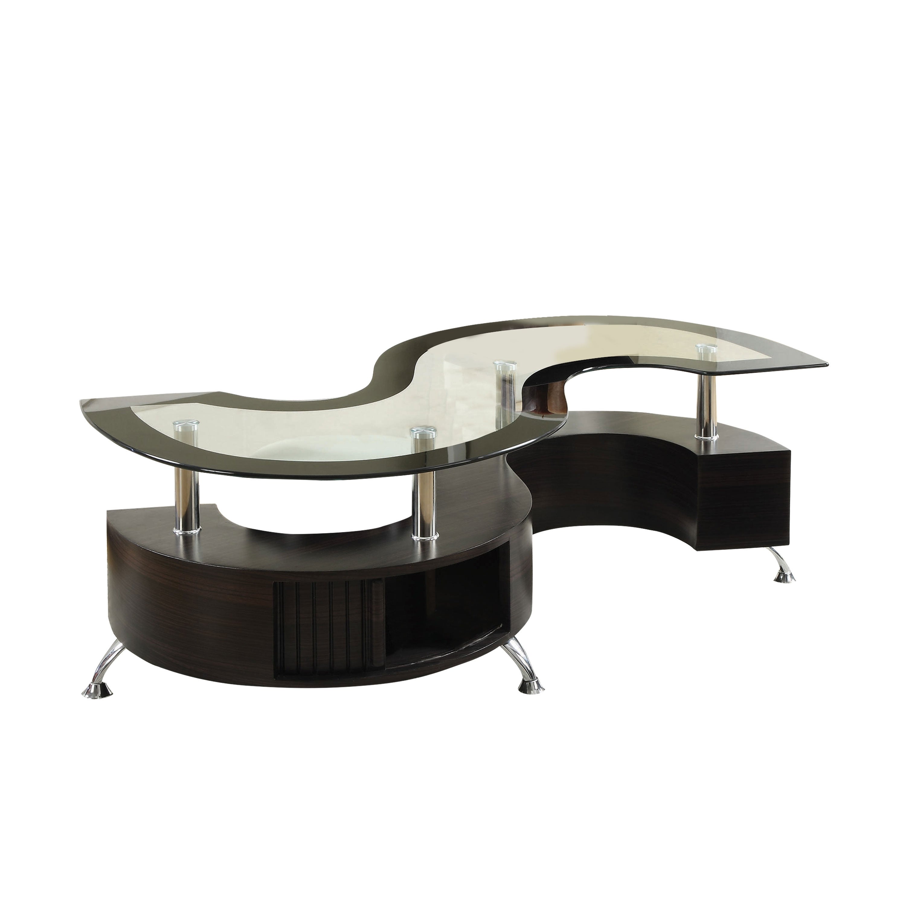 S Shape Contemporary Wood Base Coffee Table with Glass Top，Silver and Brown - Mycitystee