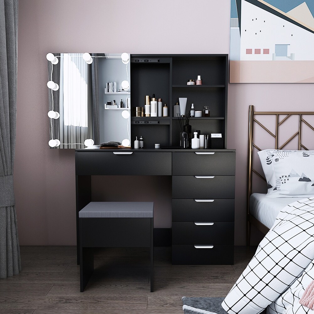 Dressing Table with 6 Drawers， 2 Shelves and 1 Mirror Cabinet - - 36758308 - Mycitystee