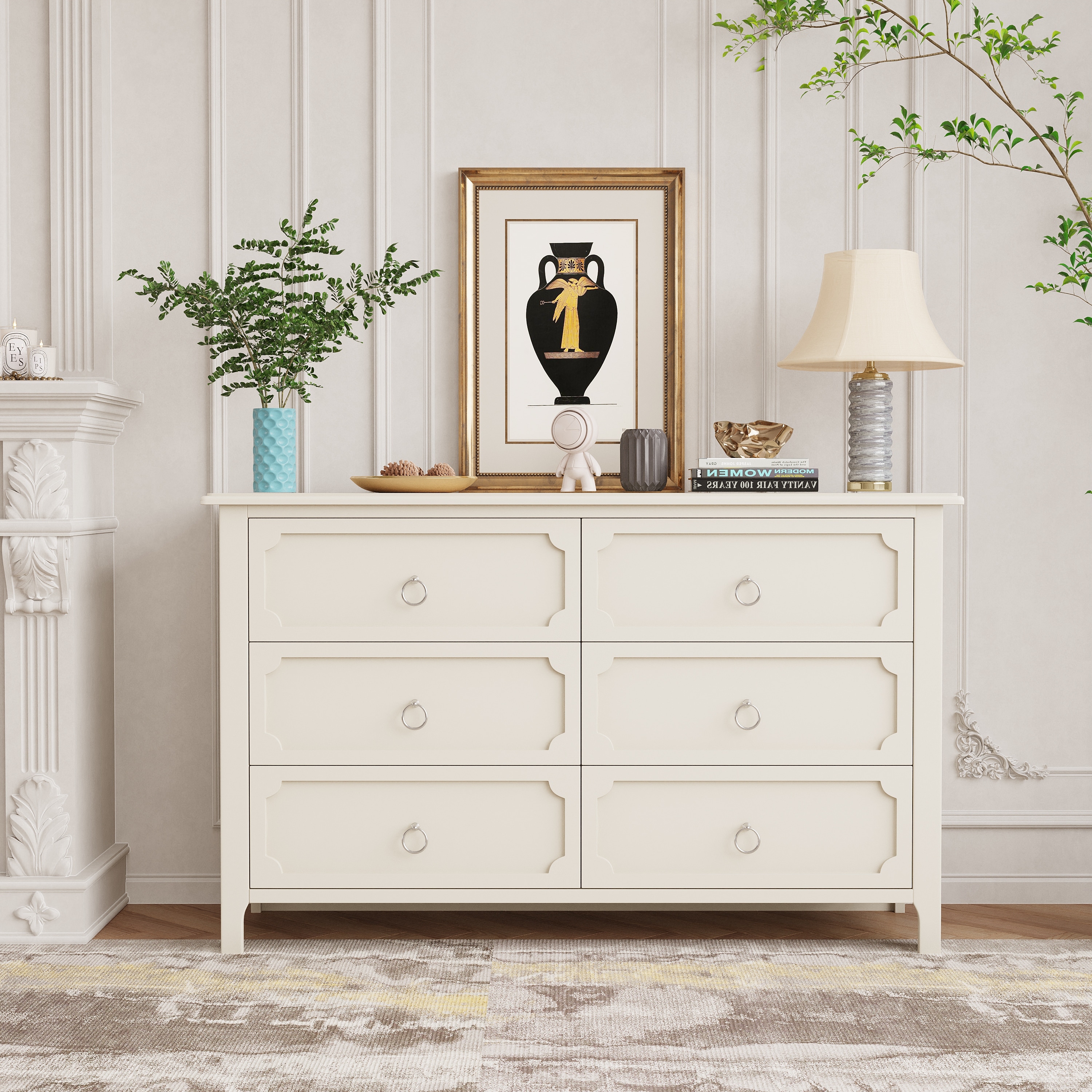6-Drawers Rubber Wooden Dresser with Silver Metal Handles - - 37527475 - Mycitystee