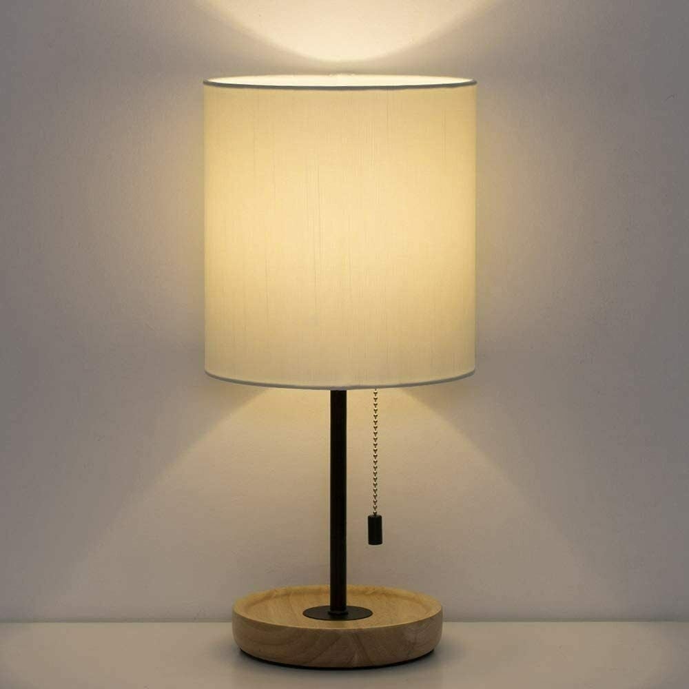 Bedside Black Modern Table Lamp With Tan Wood Base - Mycitystee