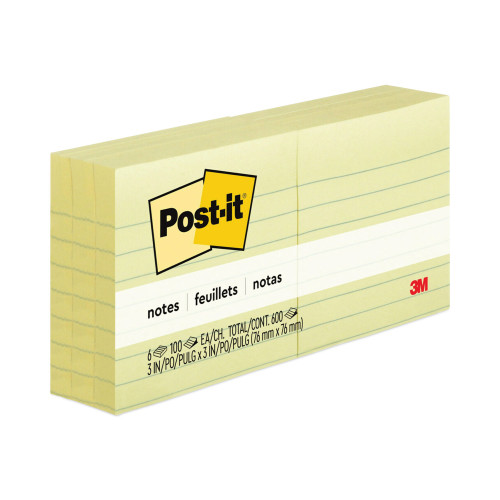 Post-it Original Pads in Canary Yellow， 3 x 3， Lined， 100-Sheet， 6/Pack (6306PK) - Mycitystee