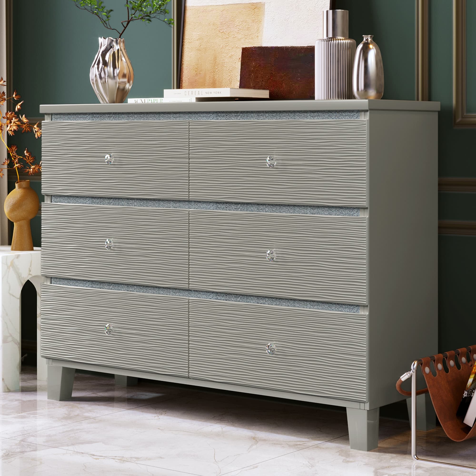 6 Drawers Champagne Silver Rubber Wood Dresser with Crystal Handle - - 37455785 - Mycitystee