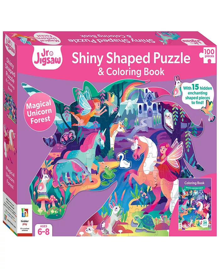 Jr. Jigsaw 100-Piece Jigsaw Puzzle Magical Unicorn Forest Shiny Shaped Puzzle Coloring Book 19.3
