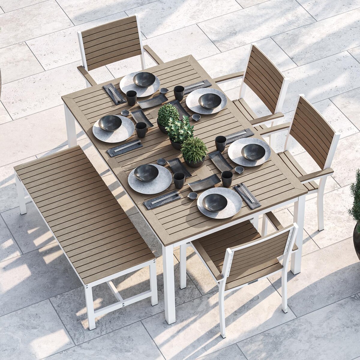 Oxford Garden Travira 6 Piece Chalk Aluminum Patio Dining Set W/ Vintage Tekwood Armchairs， 63-Inch Rectangular Vintage Tekwood Table and Backless Ben - Mycitystee