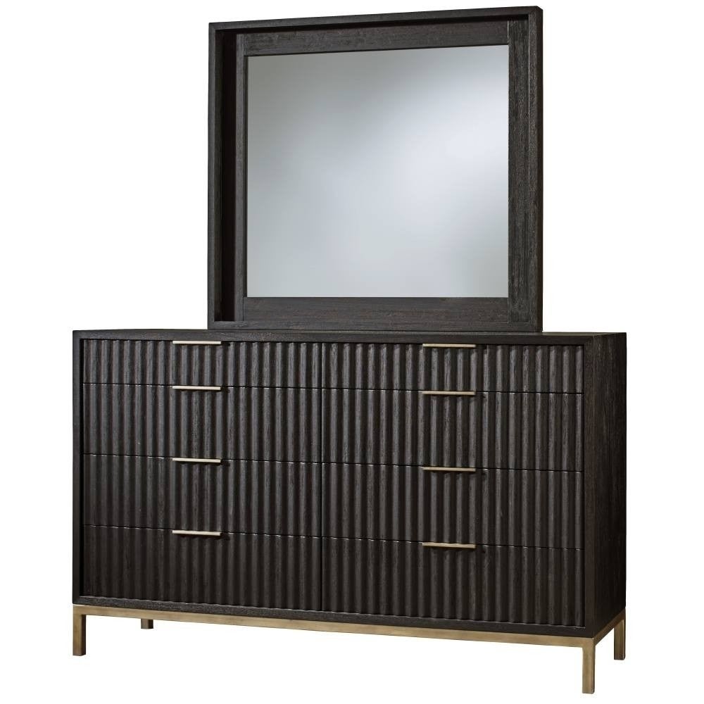 Scalloped Front Eight Drawer Dresser with Top Mount Brass Pull and Tubular Steel Base， Black - - 30636536 - Mycitystee