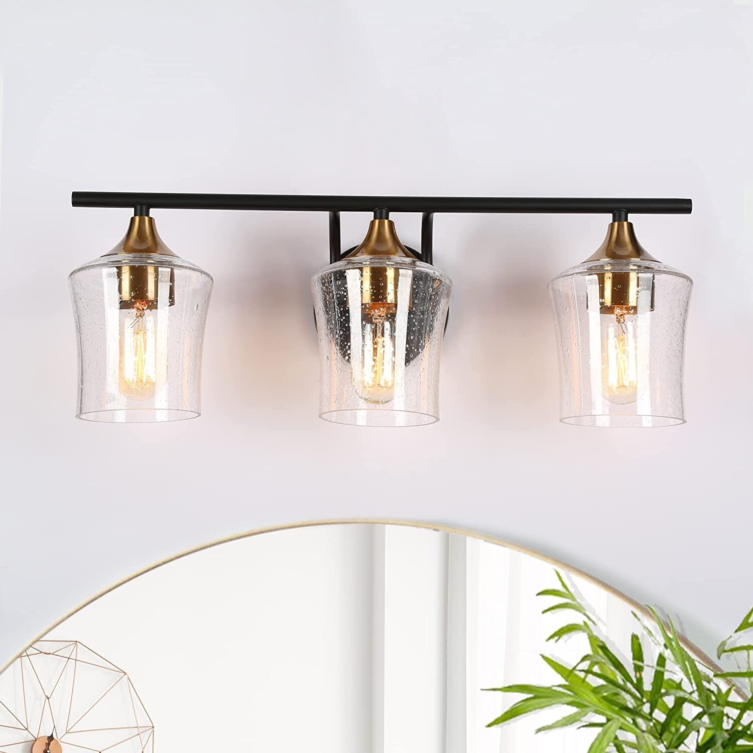 Modern Black Gold 2/3/4-Light Linear Bathroom Vanity Lights with Seeded Glass - Mycitystee