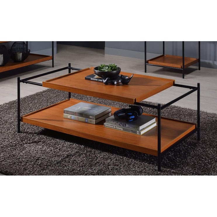 Rectangular Coffee Table with Open Compartment Wooden Top， Center Table with Shiny Black Finish Metal Frame for Living Room - Mycitystee