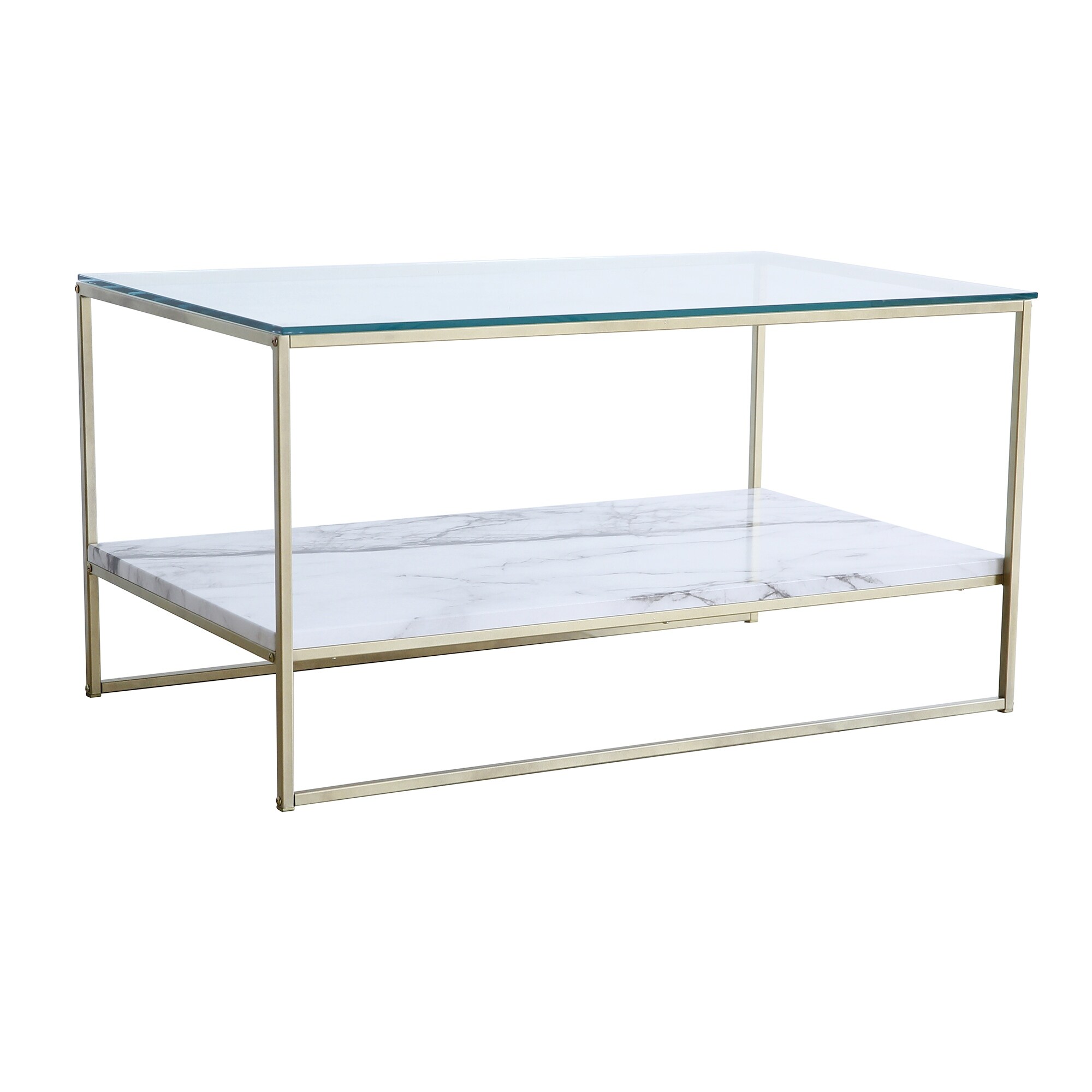 Roomfitters 2 Tier White Faux Marble Print Coffee Table with Glass Top - Mycitystee