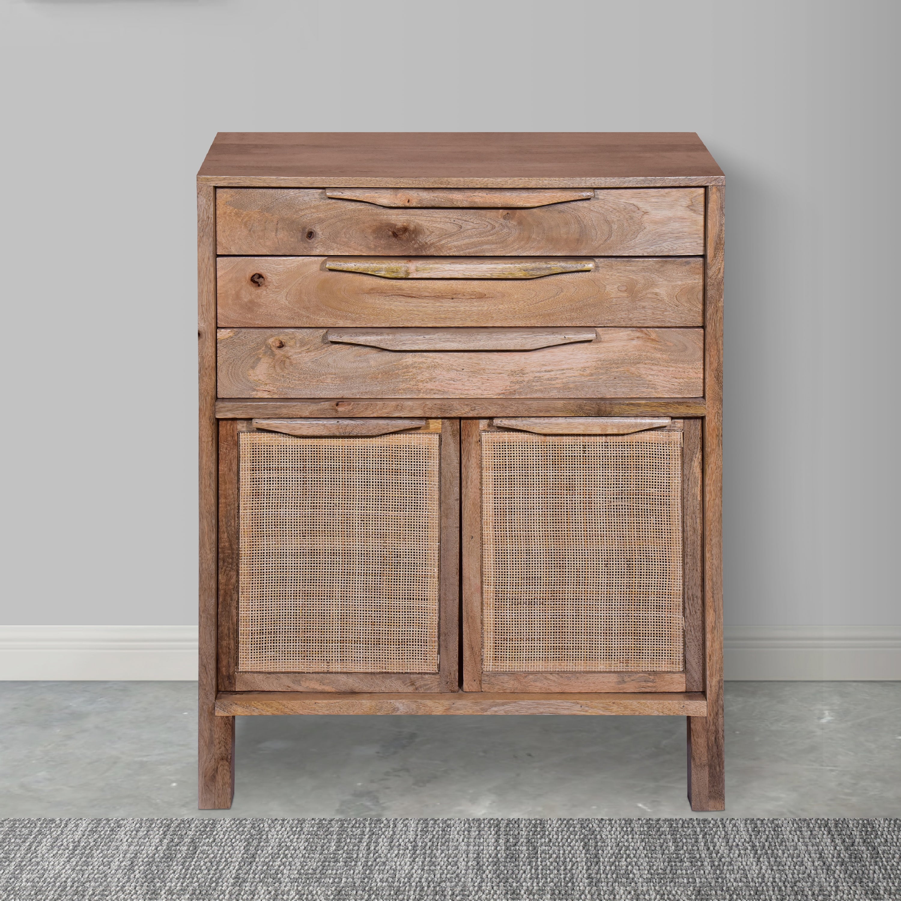Ryan 40 Inch Cottage Mango Wood Dresser Storage Cabinet， 3 Drawers， Cane Rattan Panels Doors， Natural Brown - - 36148643 - Mycitystee