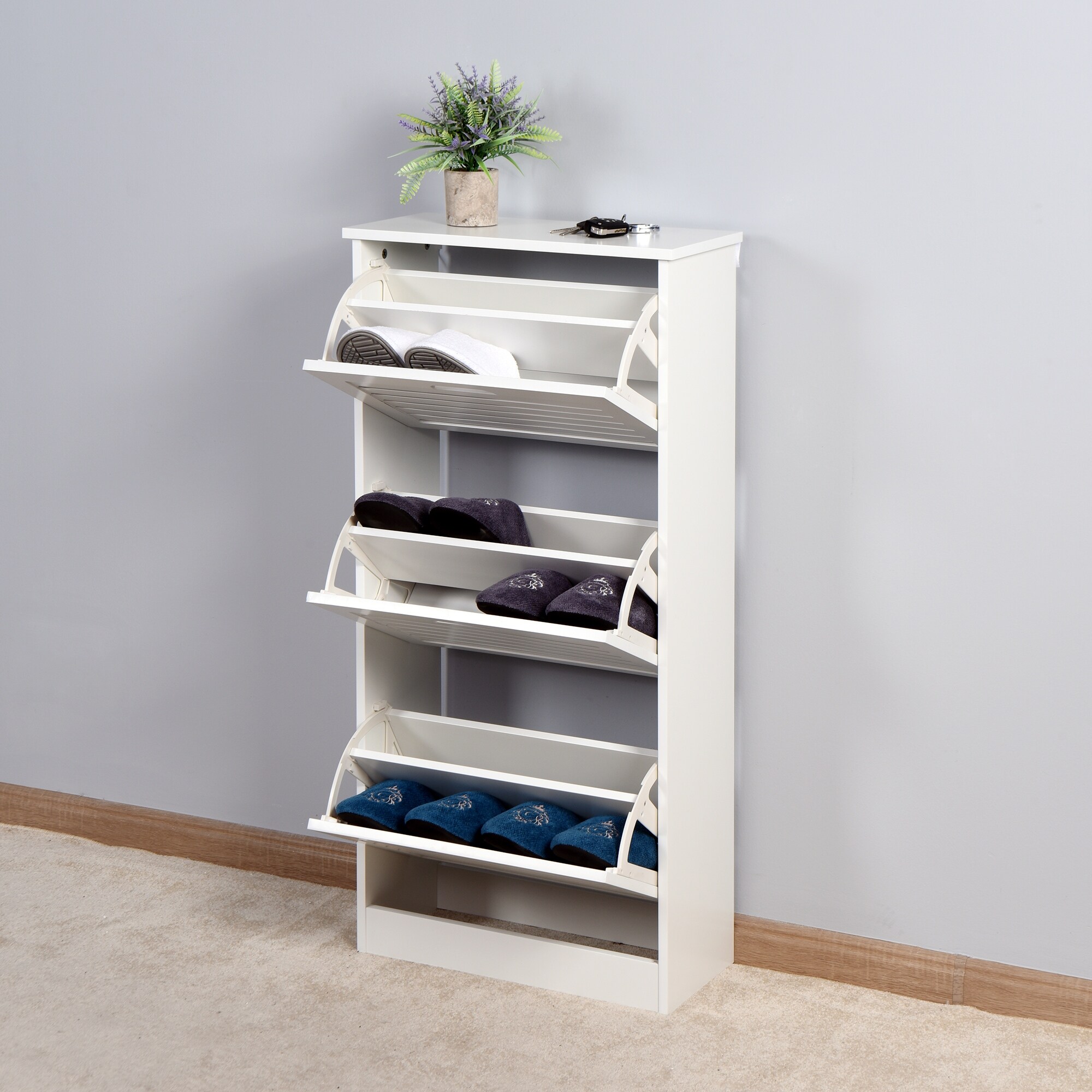 White Wooden Shoe Cabinet with 3 Flip Doors - - 35239057 - Mycitystee