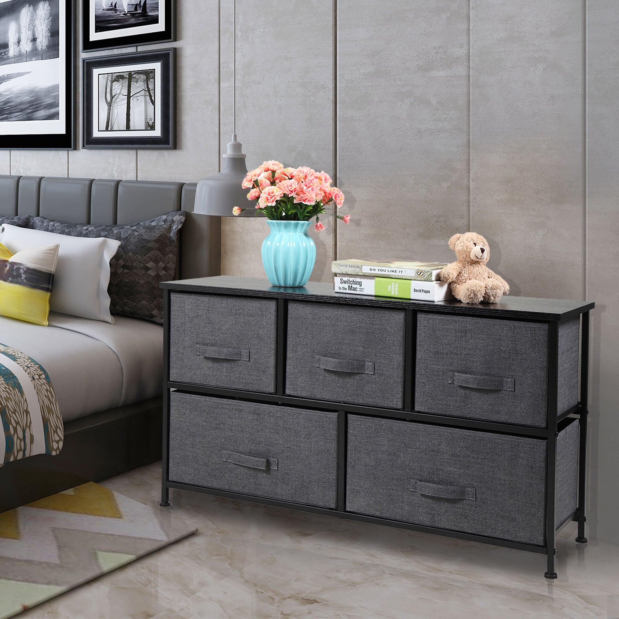 Global Pronex Simple and Modern Storage Chest with 5 Fabric Drawers with a Metal Frame， Living Room Bedroom Furniture - Black - - 35665633 - Mycitystee