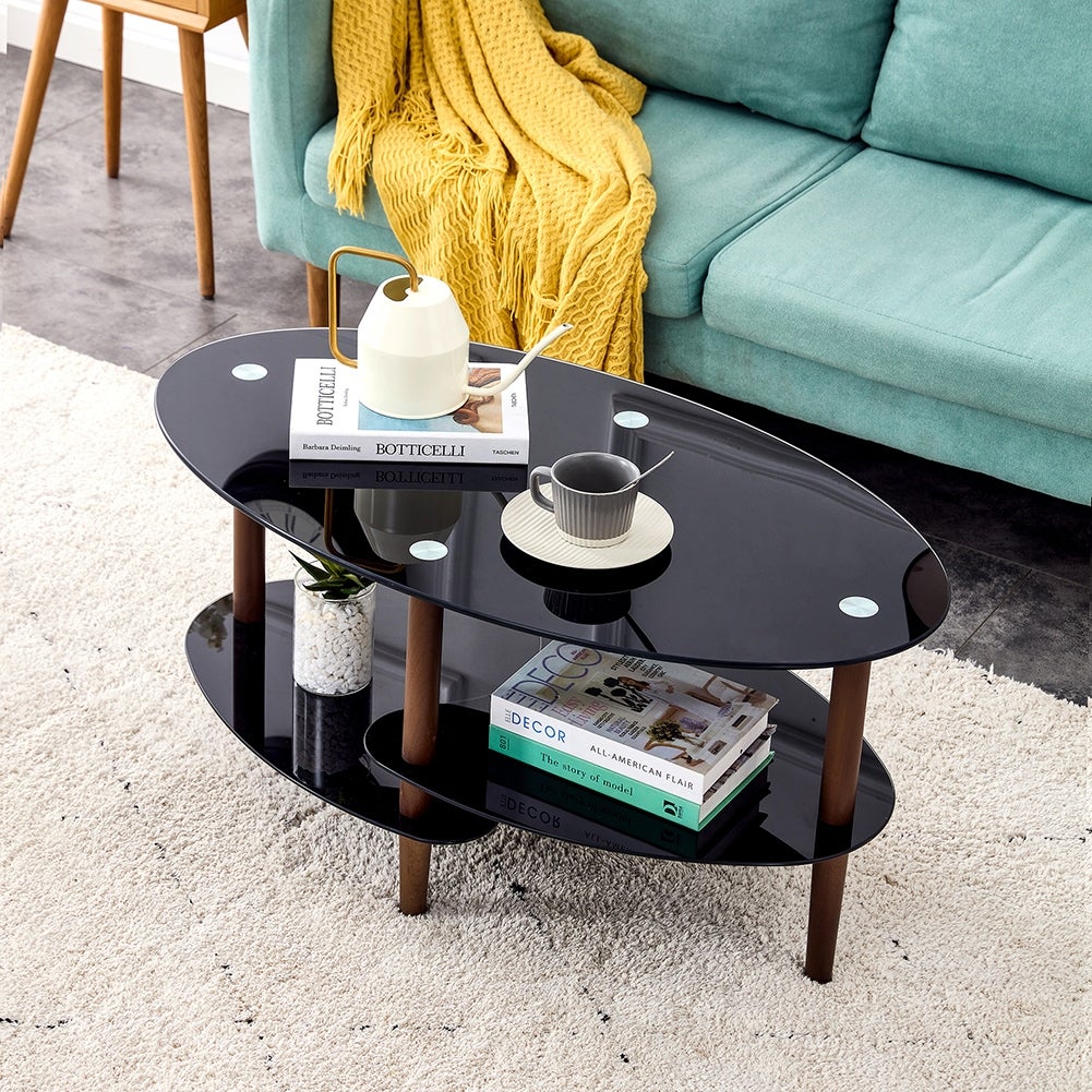 3-layer Modern Oval Glass Coffee Table with Oak Wood Legs - Mycitystee