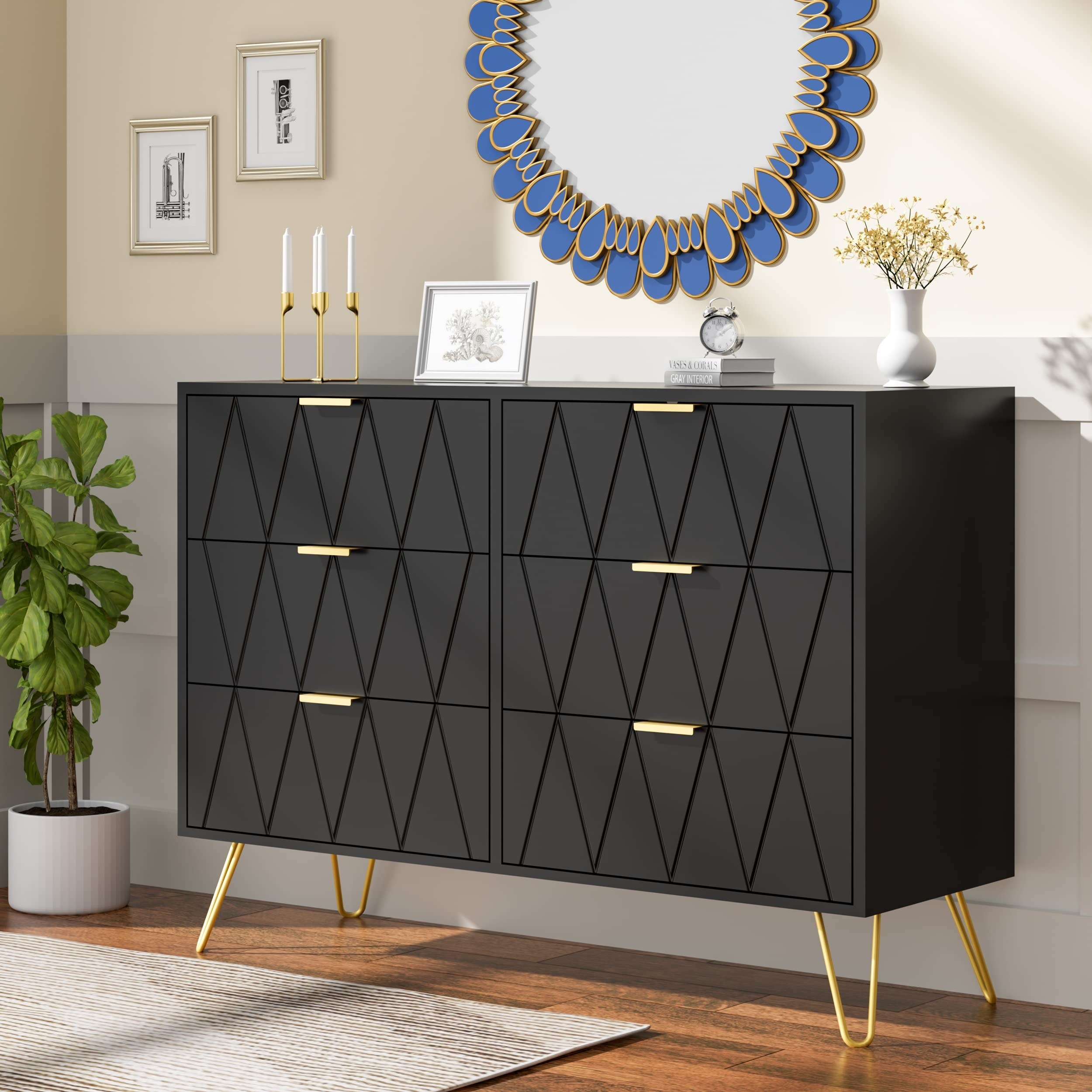 6 Drawer Double Dresser， Dual Chest of Drawers Modern Dresser for Bedroom with Gold Handles (Black) - as picture - - 37668217 - Mycitystee