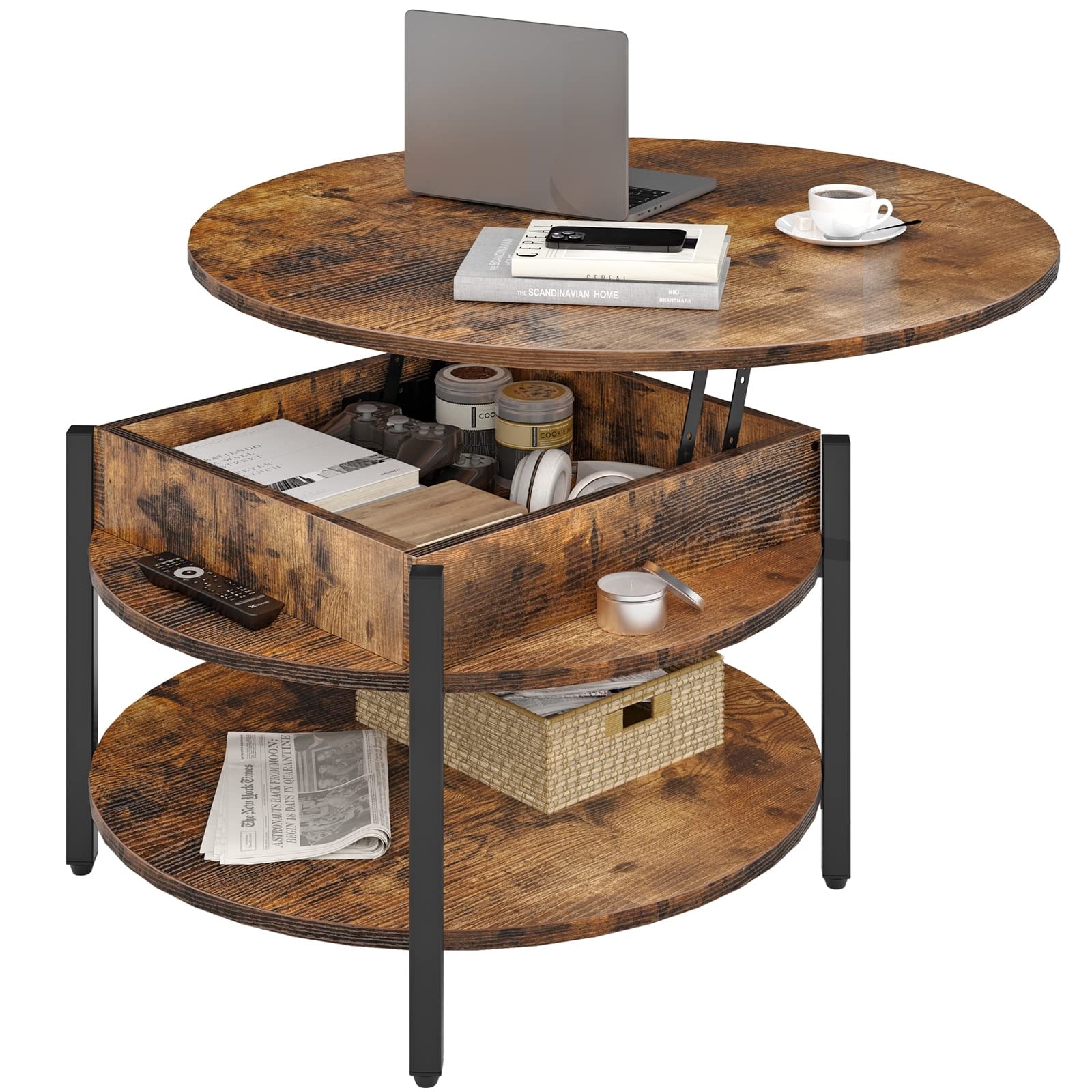 Round Lift Top Coffee Table for Living Room， 35.43'' Round Coffee Table with Storage and Hidden Compartment - as picture - Mycitystee