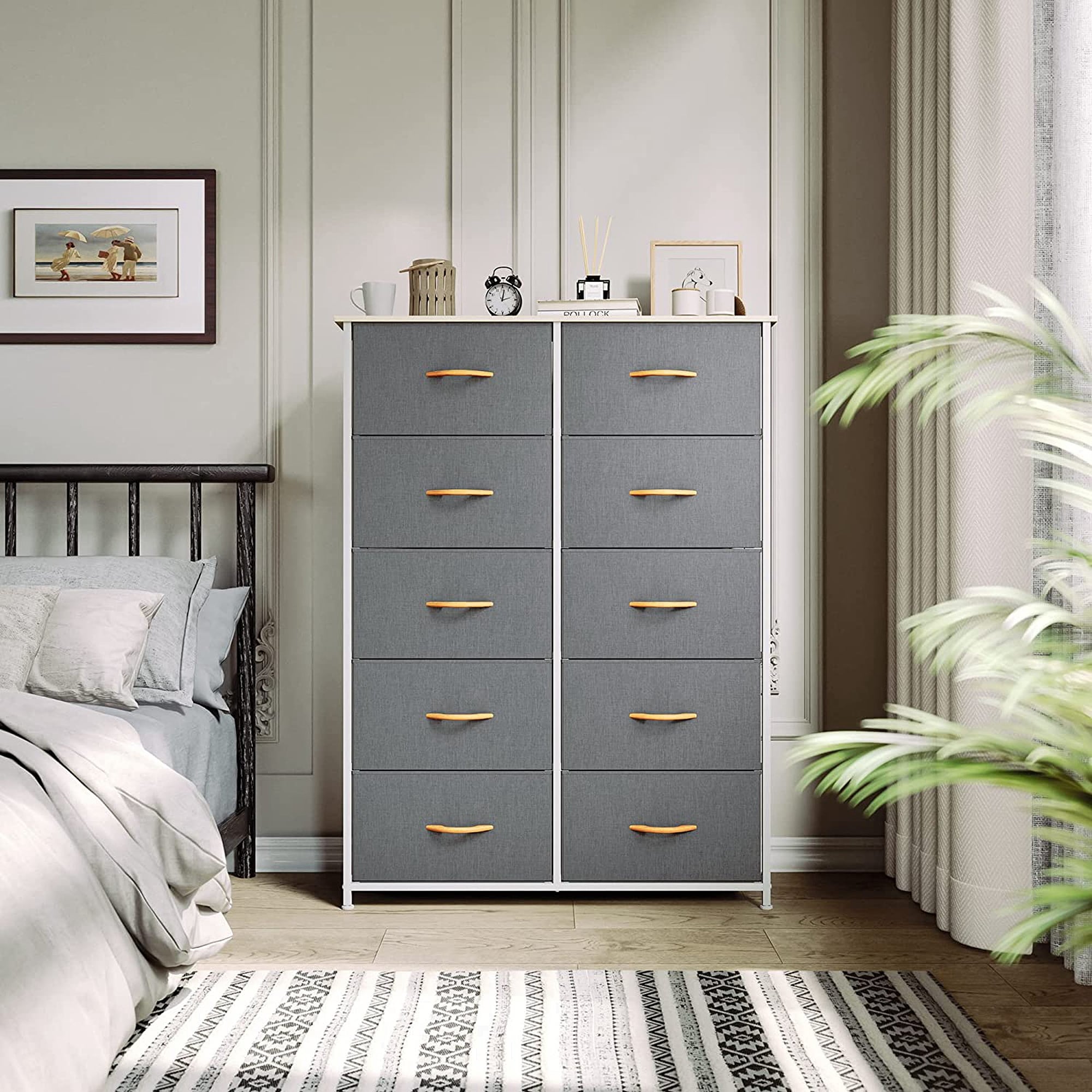 10 Drawer Dresser - Fabric Storage Tower， Organizer Unit - Sturdy Steel Frame， Wooden Top and Easy Pull Fabric Bins - - 37475945 - Mycitystee