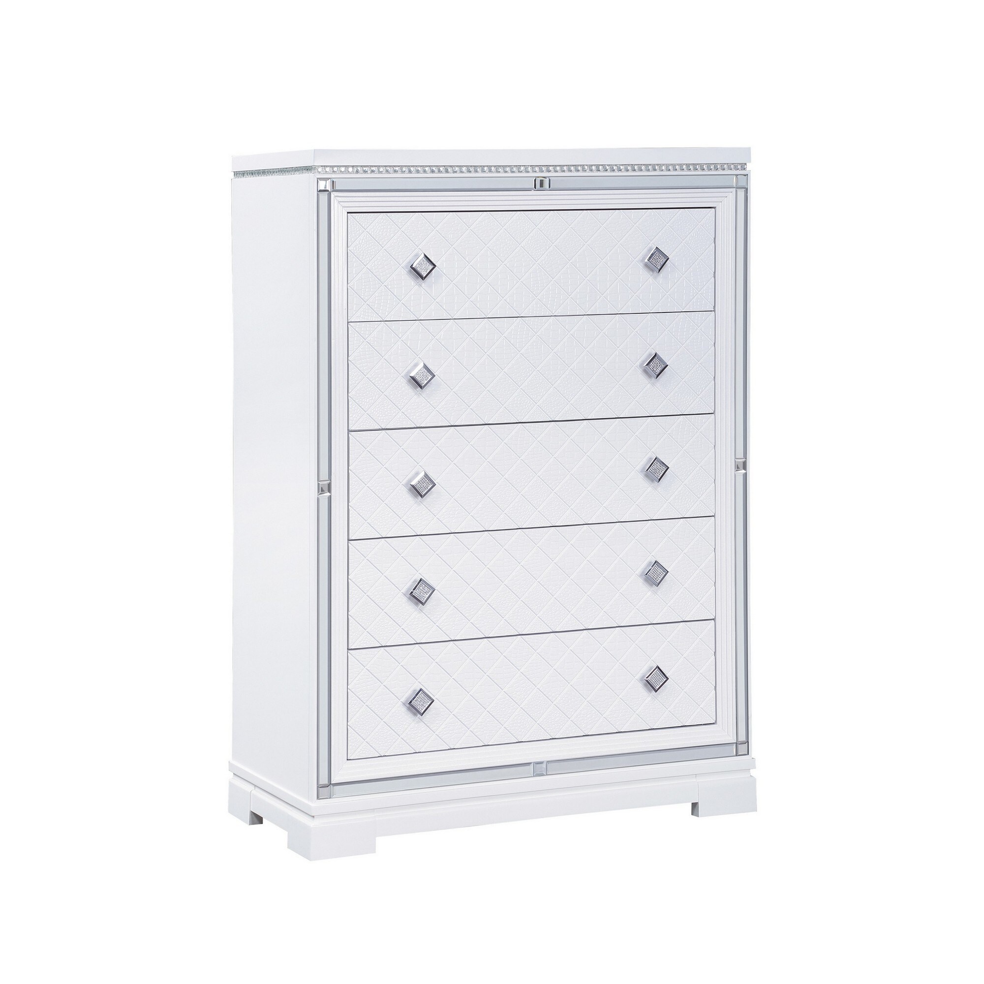 Axl 52 Inch 5 Drawer Tall Dresser， Mirror Trim， Crystal Accent， White Wood - - 37962494 - Mycitystee