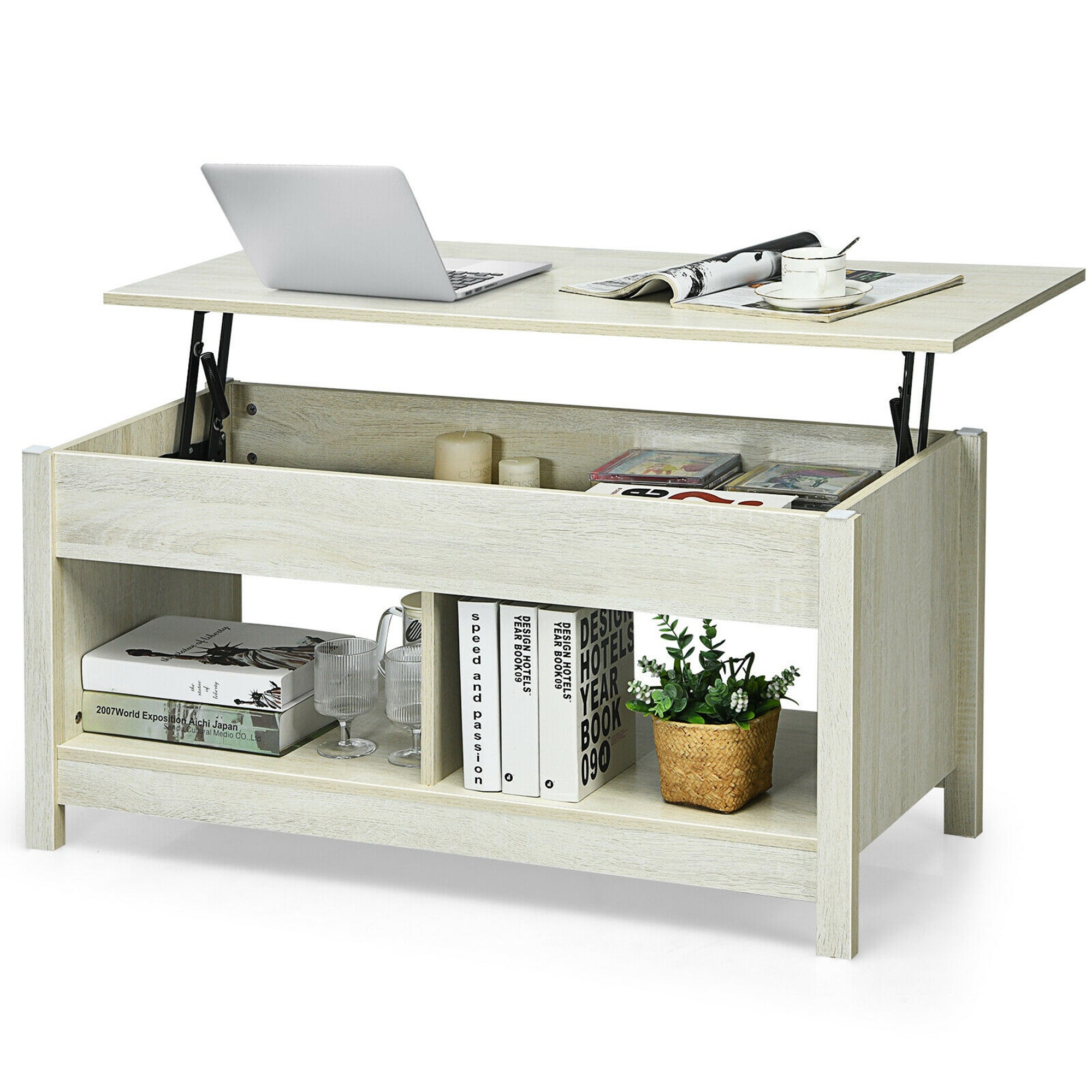 Lift Top Coffee Table w/ Hidden Storage Compartment and Lower Shelf Rustic Ivory - Mycitystee