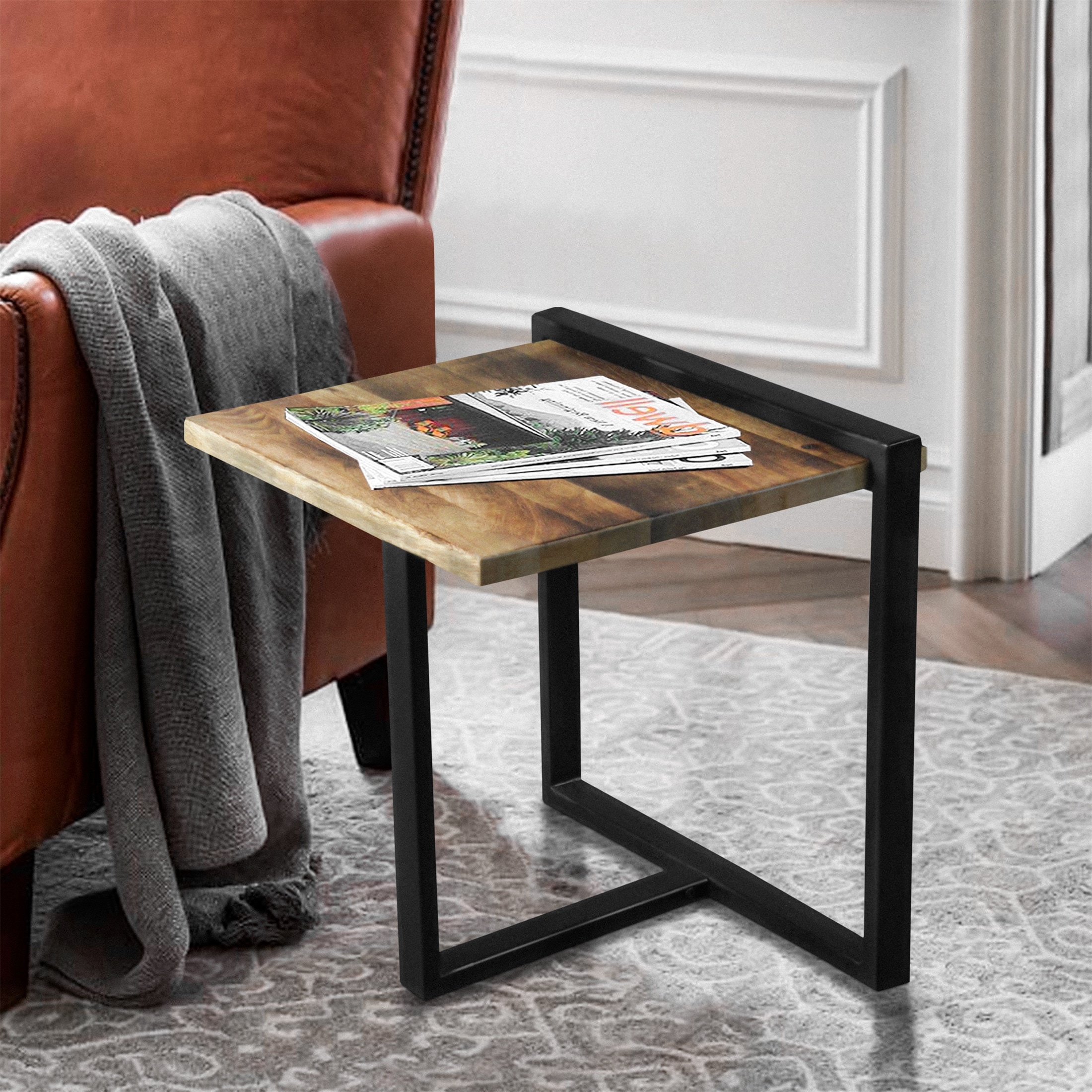 BrownandBlack Industrial Rectangular End Table Wooden Top Metal Frame - Mycitystee