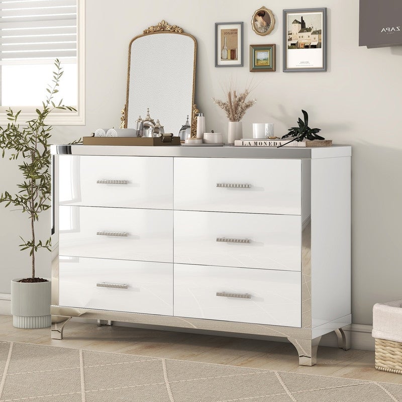 Modern 6 Drawer Mirrored Dresser， Dresser and Chest of Drawers for Bedroom， Storage Cabinet with Metal Handle - - 37844890 - Mycitystee