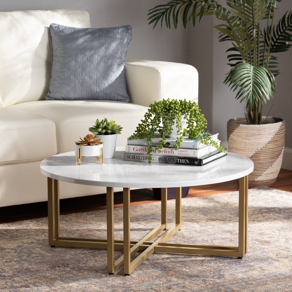 Maeve Modern and Contemporary Gold Finished Metal Coffee Table With Faux Marble Tabletop - Mycitystee