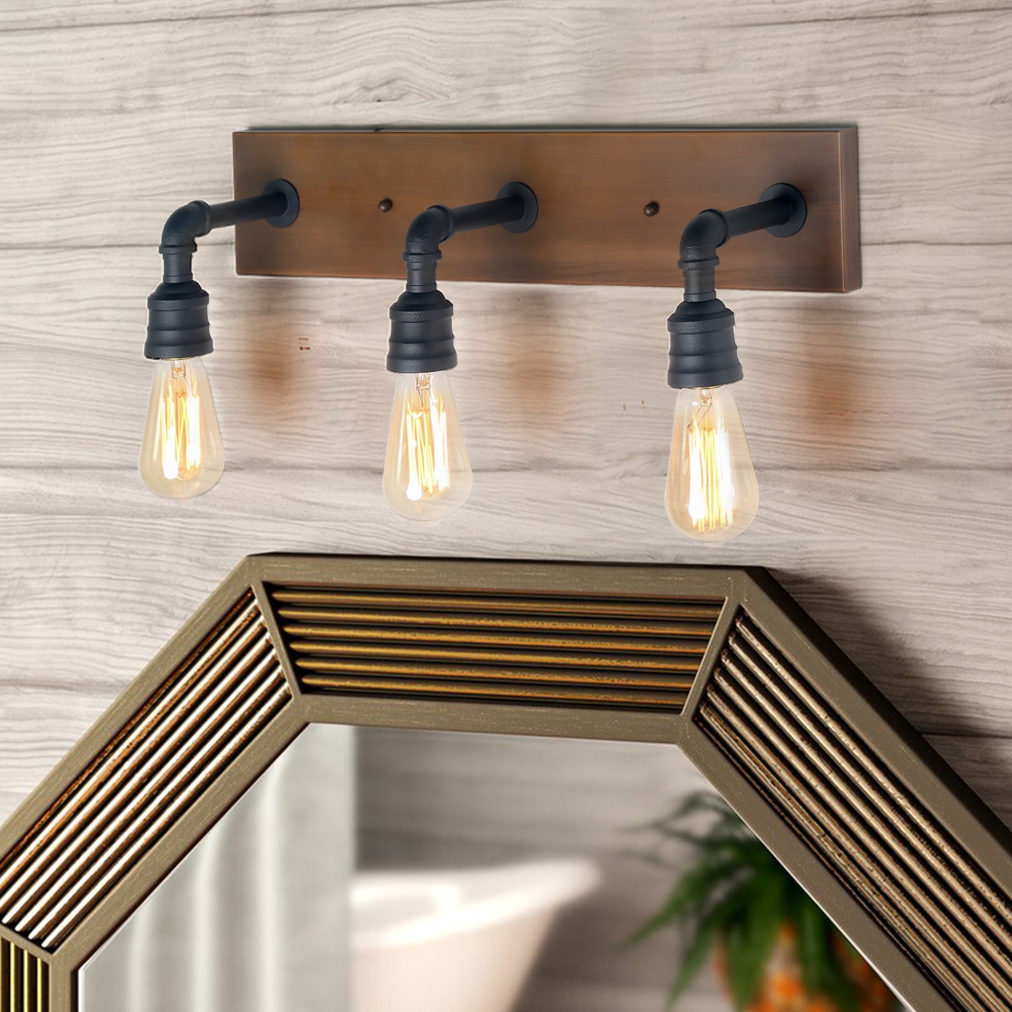 Farmhouse Industrial 3-Light Rustic Faux Wood Bathroom Vanity Light Wall Sconces - W22.2