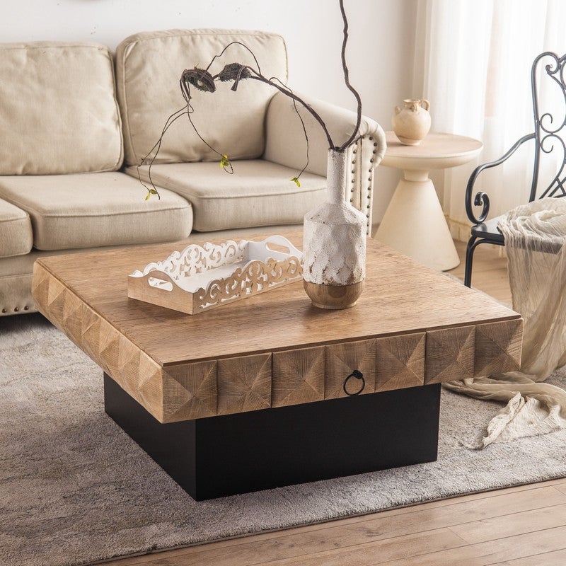 Retro Embossed Pattern Square Coffee Table with 2 Drawers and MDF Base - Mycitystee