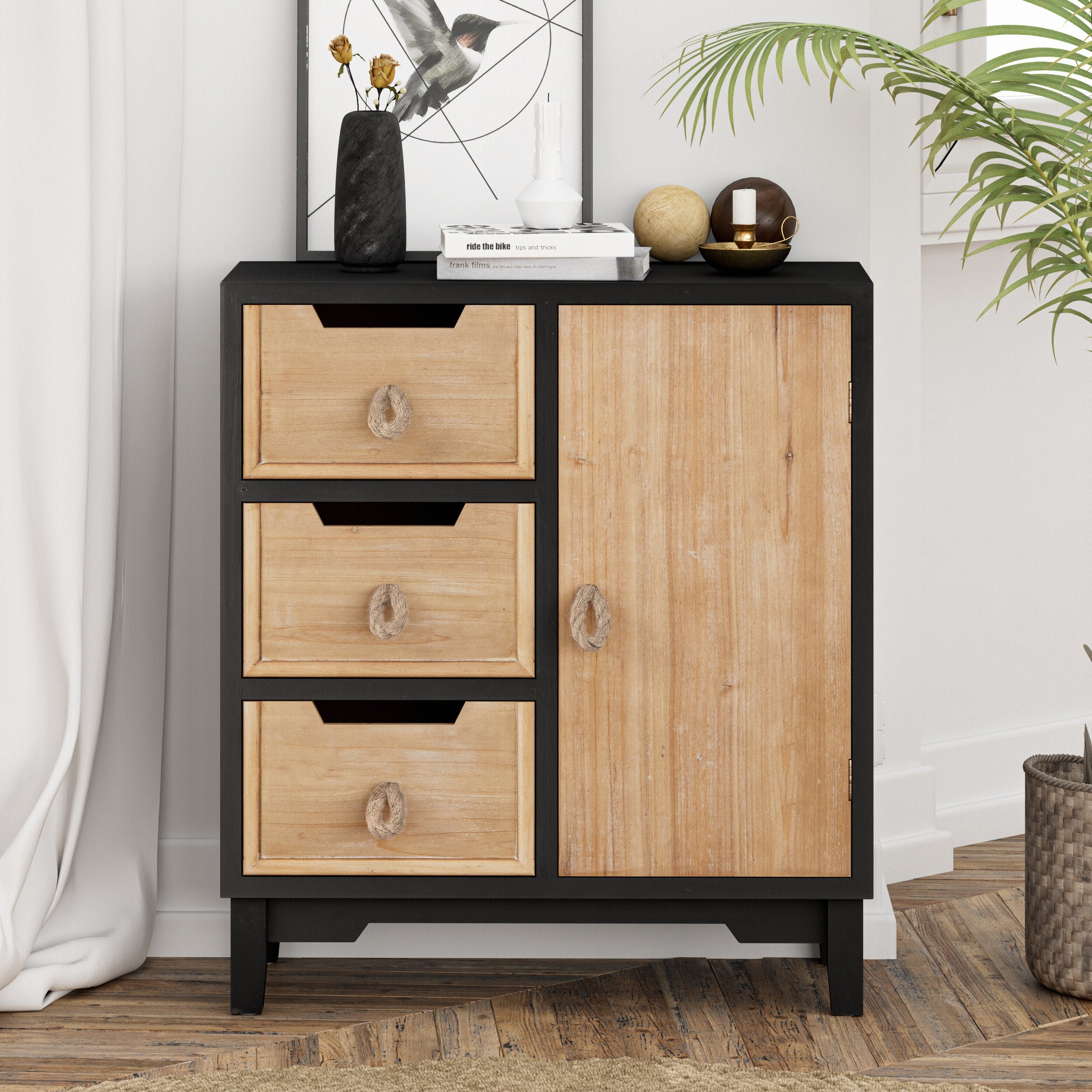COZAYH Farmhouse 3 Drawers Dresser with 1 Door， Boho Chest of Drawers Closet Organizers and Storage Cabinet for Living Room - - 37576516 - Mycitystee