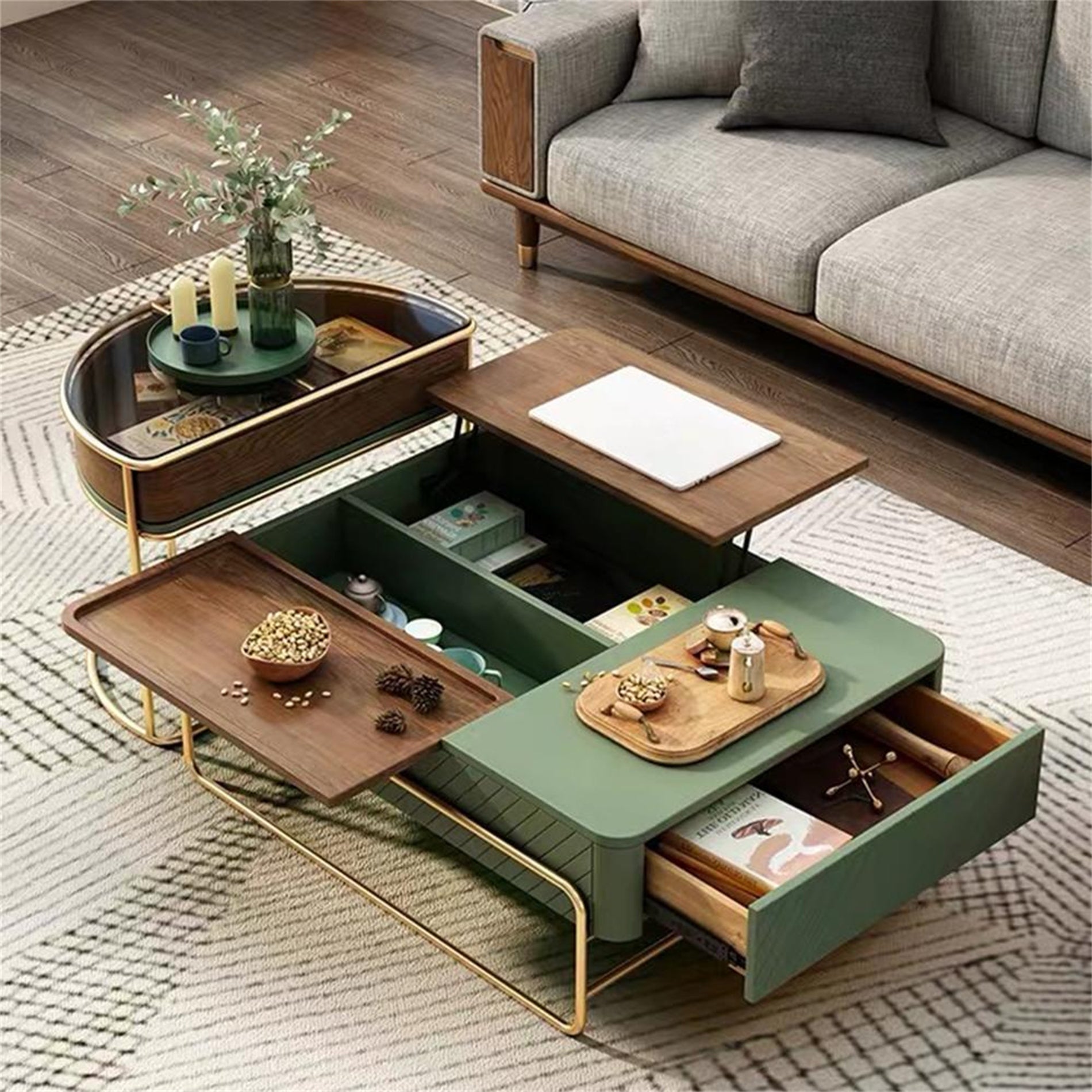 Lift-top Nesting Coffee Table Set with Drawer， Tempered Glass Top - Mycitystee