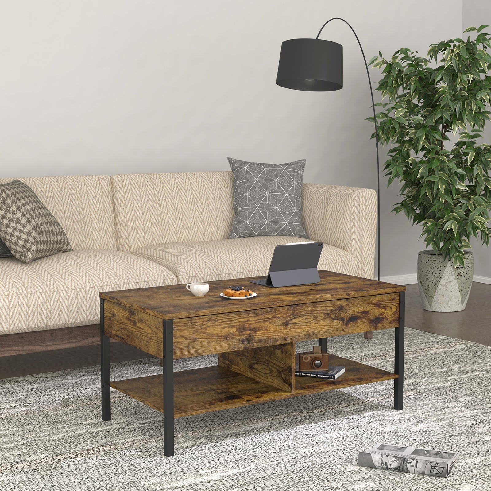 Living Room Furniture Wooden Lift Top End Table with Storage Space - Mycitystee